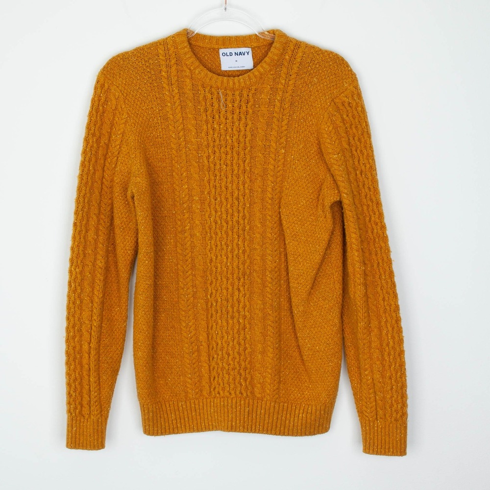 Old Navy Womens Wool Blend Cable Knit Crewneck Pullover Sweater Size M Gold Cozy